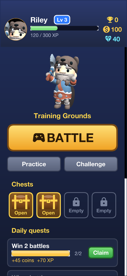 The home screen: avatar, level and experience bar, the hero on stage, the BATTLE button, the chest slots and the daily quests